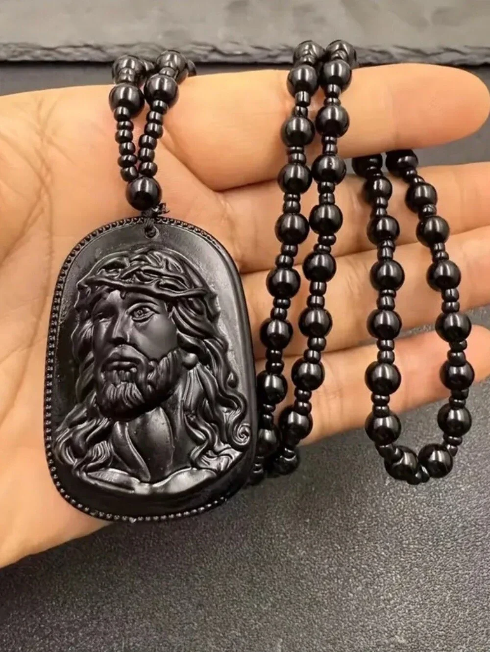 Black Jesus Pendant Beaded Resin Necklace